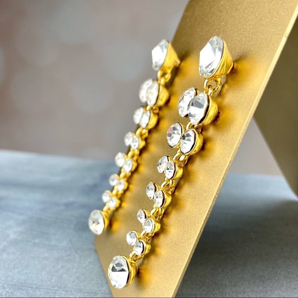 INCREDIBLE Extra Long Clear Rhinestone Rivoli Drop Earrings Formal Bridal Prom - Picture 3 of 6